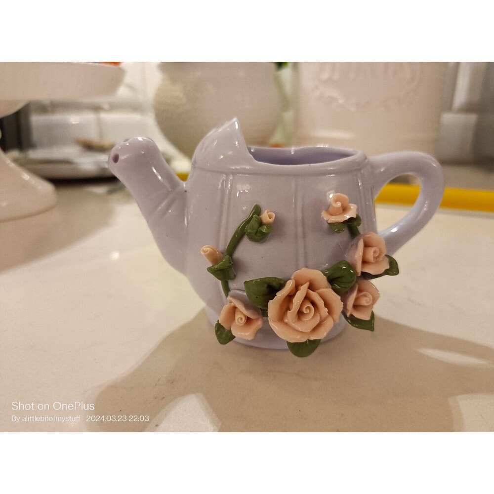Vintage Porcelain Blue Teapot With Pink Flowers 3 Inch